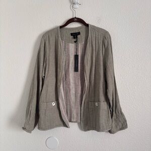 NWT Tahari Women's Size Medium Green Linen Blend Open Front Lightweight Jacket